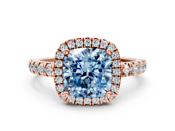 Rose gold Fancy Blue Cushion Cut Diamond Halo Ring with Pavé Band and Four-Prong Setting