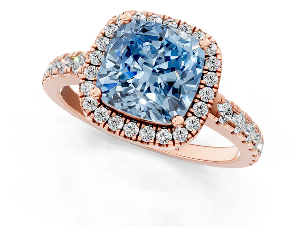 Rose gold Fancy Blue Cushion Cut Diamond Halo Ring with Pavé Band and Four-Prong Setting