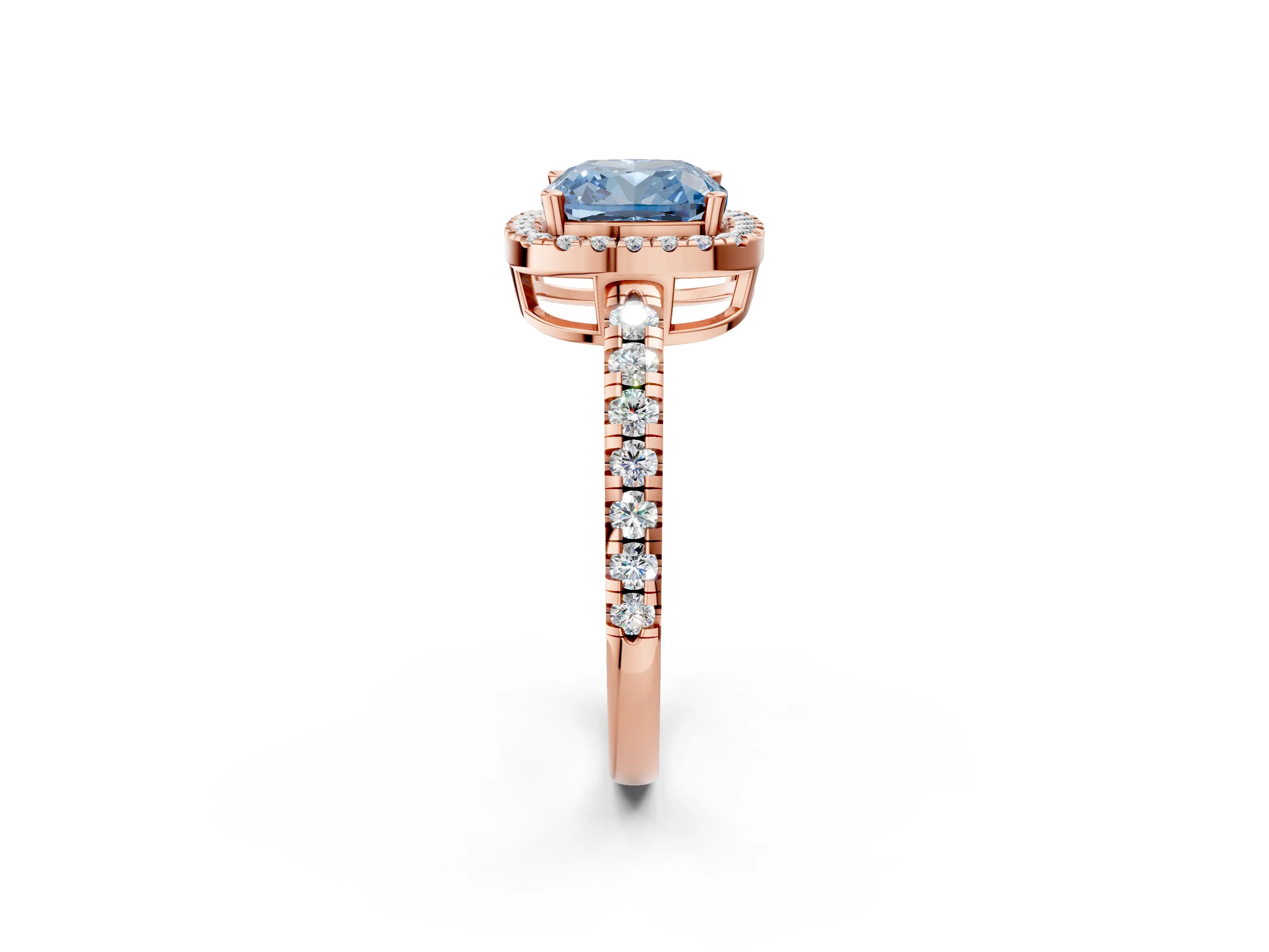 Rose gold Fancy Blue Cushion Cut Diamond Halo Ring with Pavé Band and Four-Prong Setting_2