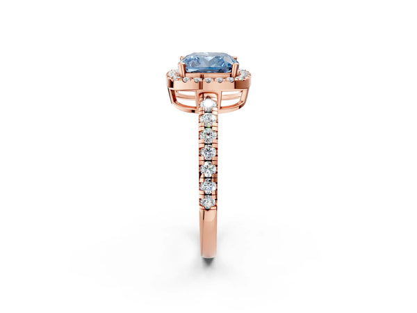 Rose gold Fancy Blue Cushion Cut Diamond Halo Ring with Pavé Band and Four-Prong Setting