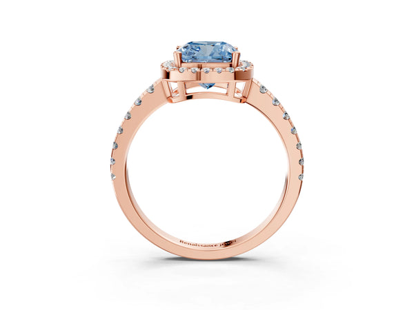 Rose gold Fancy Blue Cushion Cut Diamond Halo Ring with Pavé Band and Four-Prong Setting