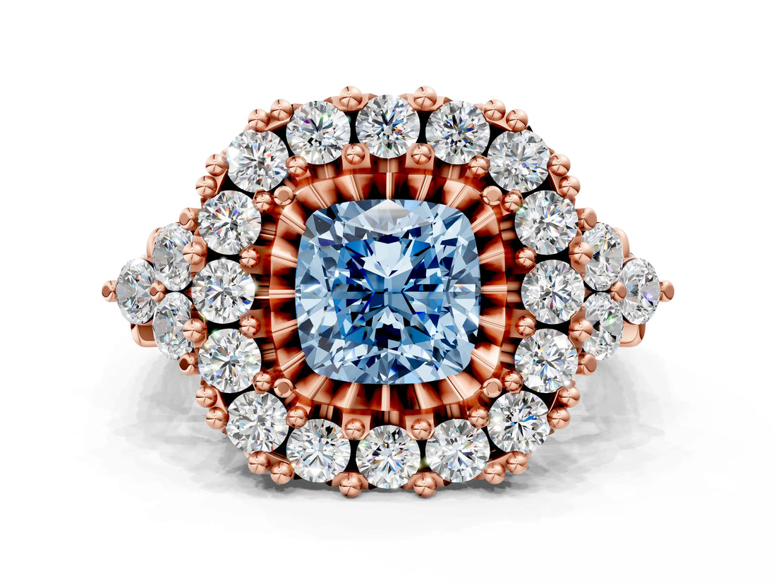 Rose gold Fancy Blue Cushion Cut Diamond Halo Ring with Pavé Band and Four-Prong Setting_41