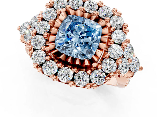 Rose gold Fancy Blue Cushion Cut Diamond Halo Ring with Pavé Band and Four-Prong Setting