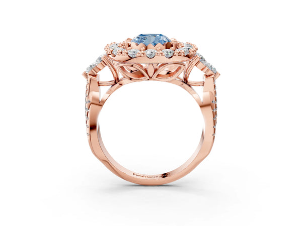 Rose gold Fancy Blue Cushion Cut Diamond Halo Ring with Pavé Band and Four-Prong Setting