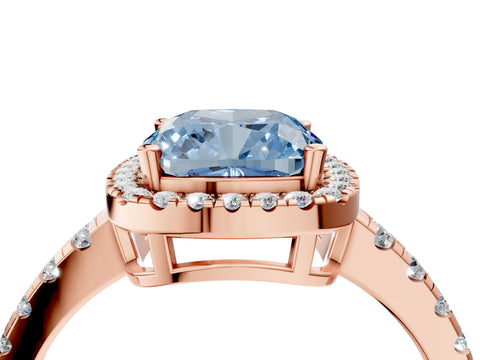 Rose gold Fancy Blue Cushion Cut Diamond Halo Ring with Pavé Band and Four-Prong Setting_4
