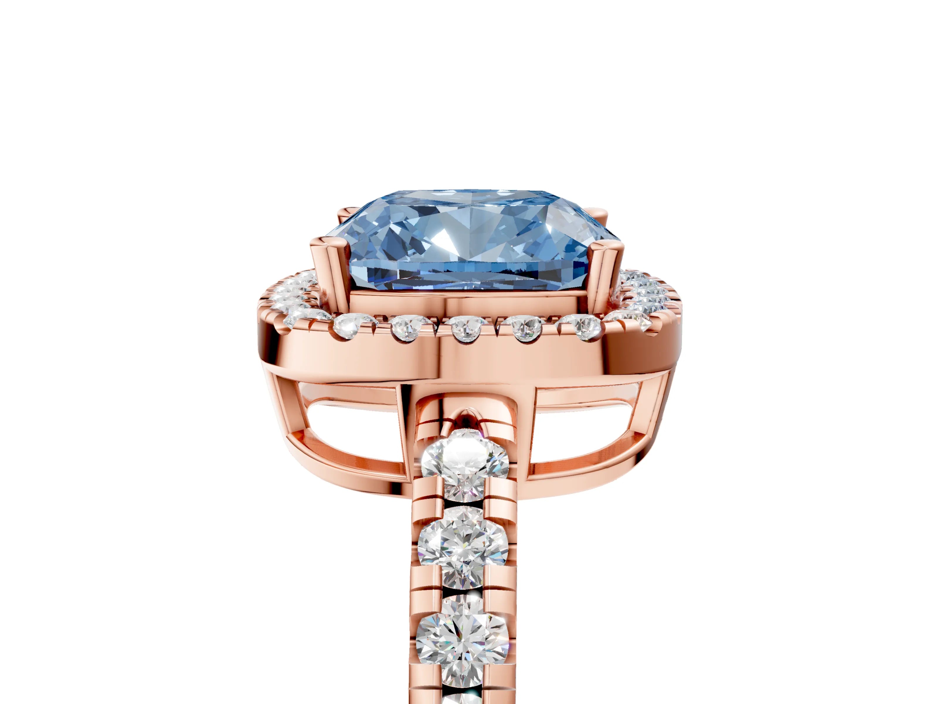 Rose gold Fancy Blue Cushion Cut Diamond Halo Ring with Pavé Band and Four-Prong Setting_5