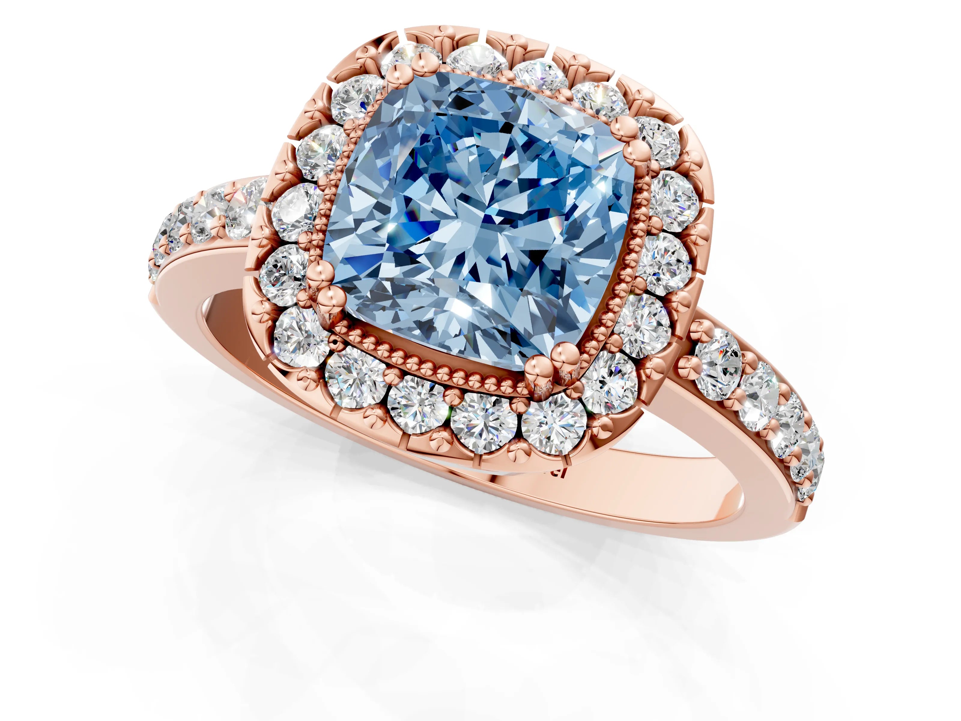 Rose gold Fancy Blue Cushion Cut Diamond Halo Ring with Pavé Band and Prong Setting_1