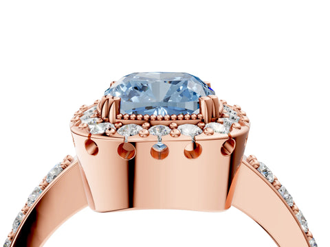 Rose gold Fancy Blue Cushion Cut Diamond Halo Ring with Pavé Band and Prong Setting_4