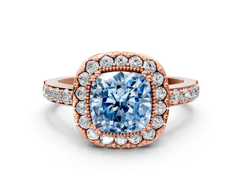 Rose gold Fancy Blue Cushion Cut Diamond Halo Ring with Pavé Band and Prong Setting