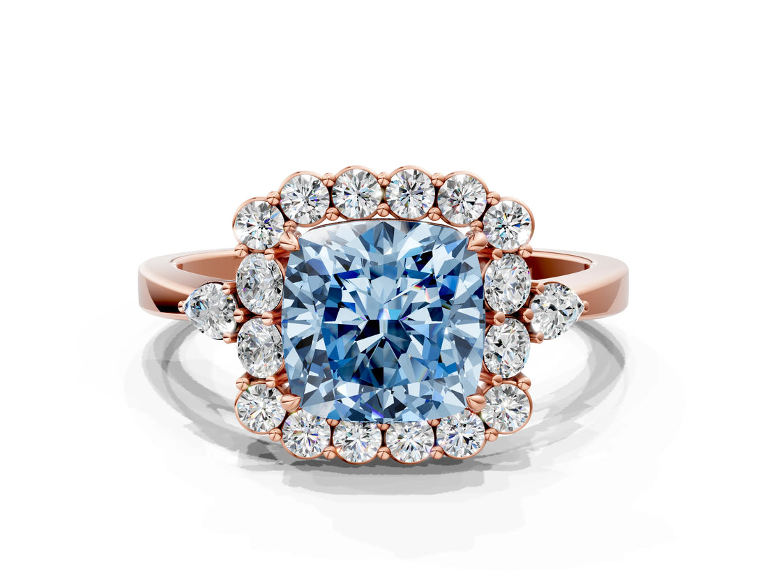 Rose gold Fancy Blue Cushion Cut Diamond Halo Ring with Pear Side Stones and Prong Setting_50