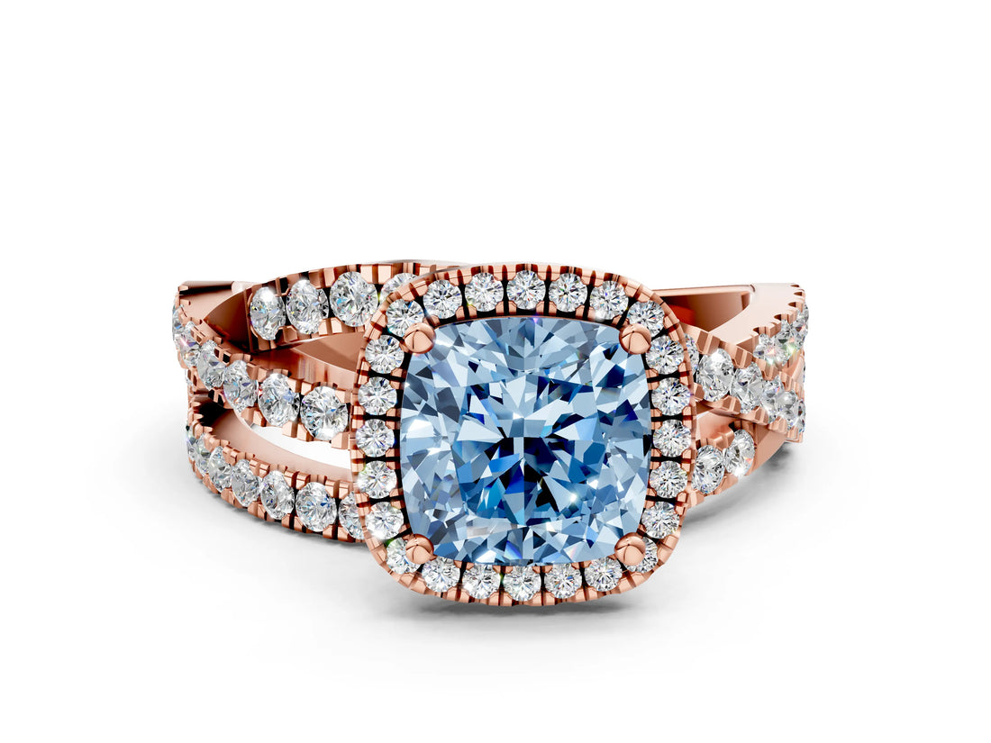 Rose gold Fancy Blue Cushion Cut Diamond Halo Ring with Round Split Shank and Prong Setting_36