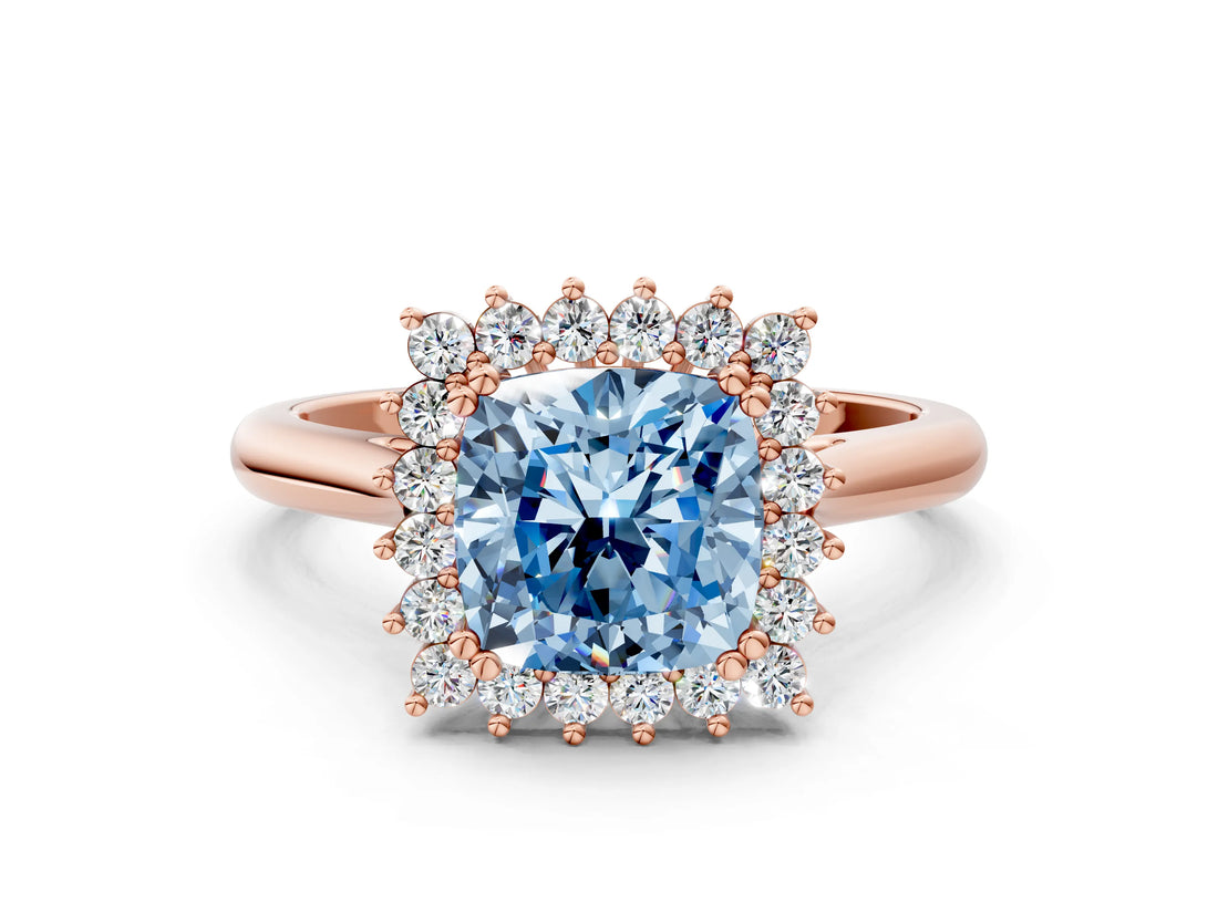 Rose gold Fancy Blue Cushion  Cut Diamond Halo Ring with Solitaire Band and Prong Setting_53