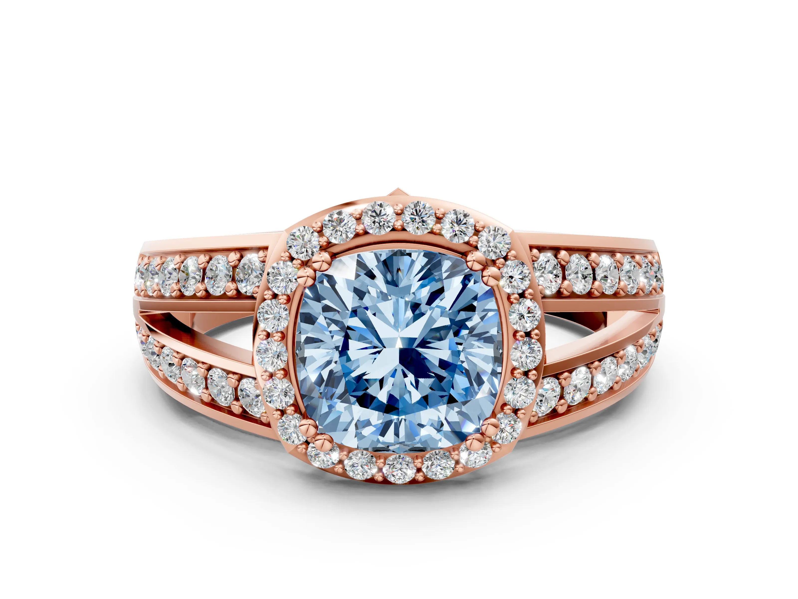 Rose gold Fancy Blue Cushion Cut Diamond Halo Ring with Split Shank Pavé Band and Four-Prong Setting