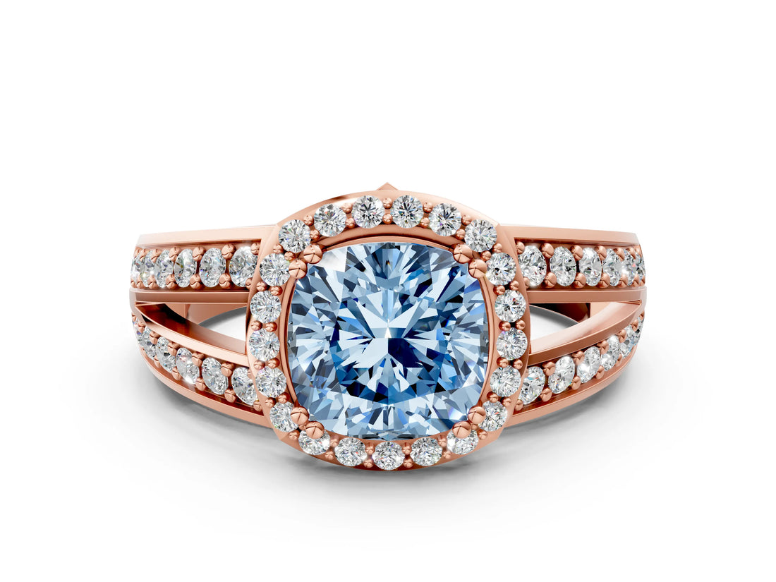Rose gold Fancy Blue Cushion Cut Diamond Halo Ring with Split Shank Pavé Band and Four-Prong Setting