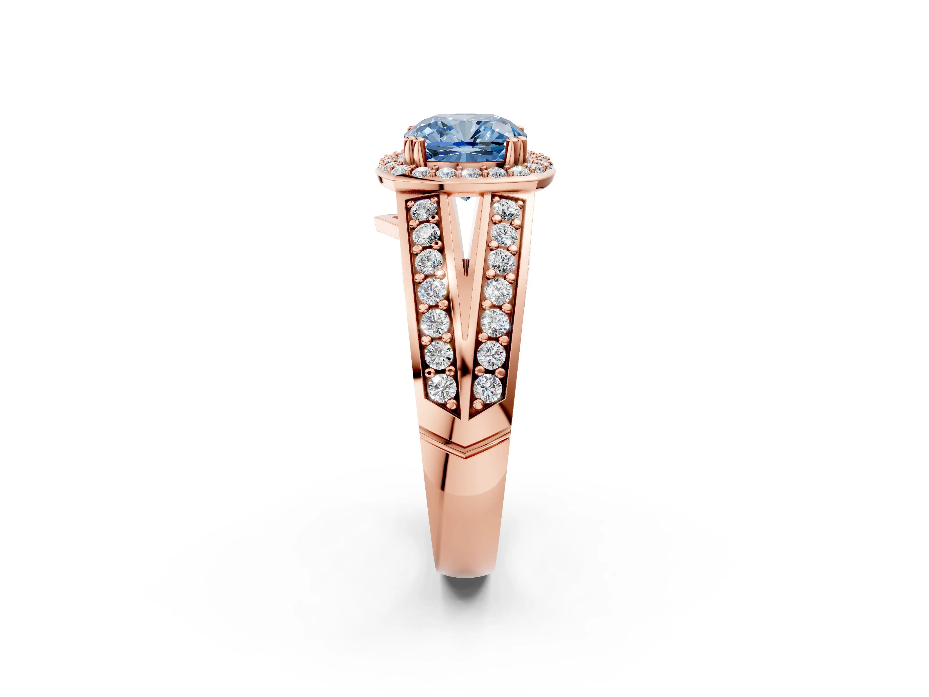 Rose gold Fancy Blue Cushion Cut Diamond Halo Ring with Split Shank Pavé Band and Four-Prong Setting_2