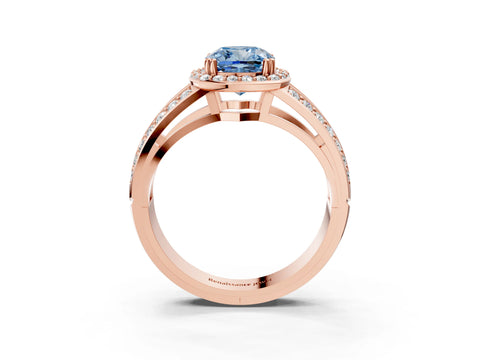 Rose gold Fancy Blue Cushion Cut Diamond Halo Ring with Split Shank Pavé Band and Four-Prong Setting_3