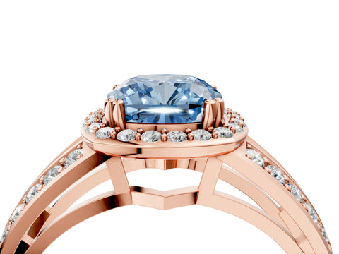 Rose gold Fancy Blue Cushion Cut Diamond Halo Ring with Split Shank Pavé Band and Four-Prong Setting_4