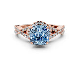 Rose gold Fancy Blue Cushion Cut Diamond  Halo Twist Band Solitaire Prong Setting Ring_24