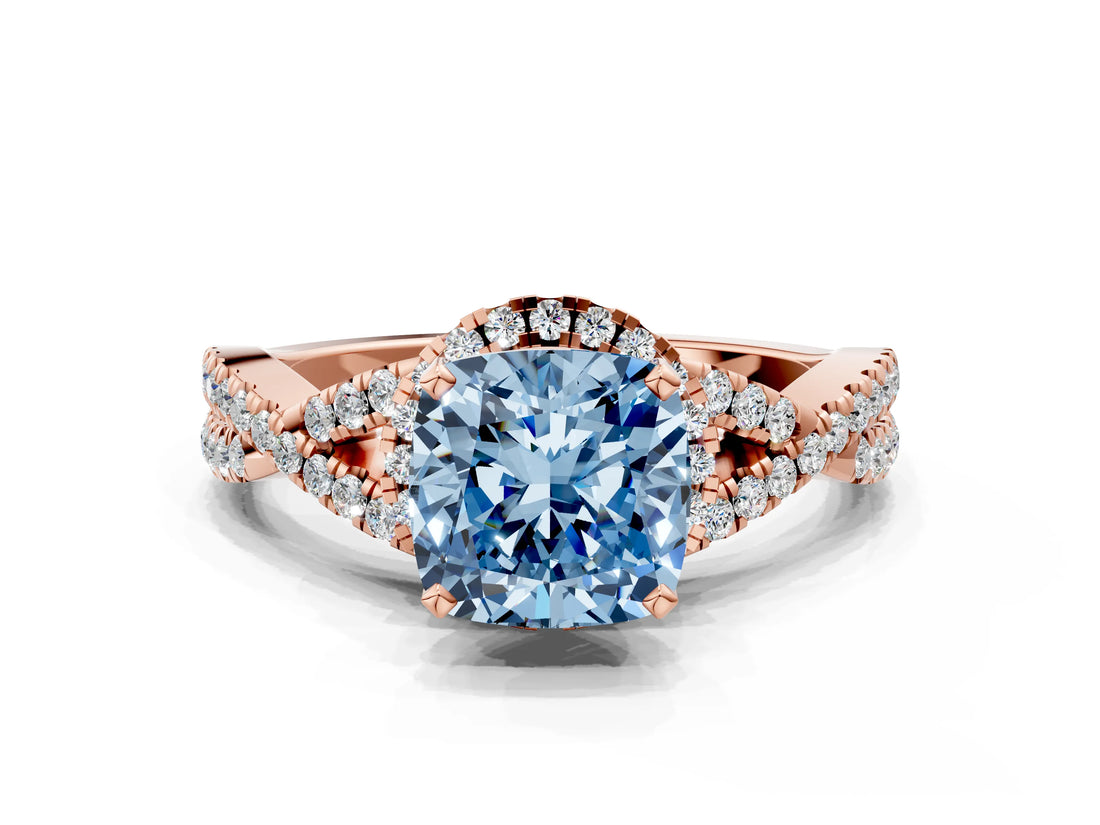 Rose gold Fancy Blue Cushion Cut Diamond  Halo Twist Band Solitaire Prong Setting Ring_42