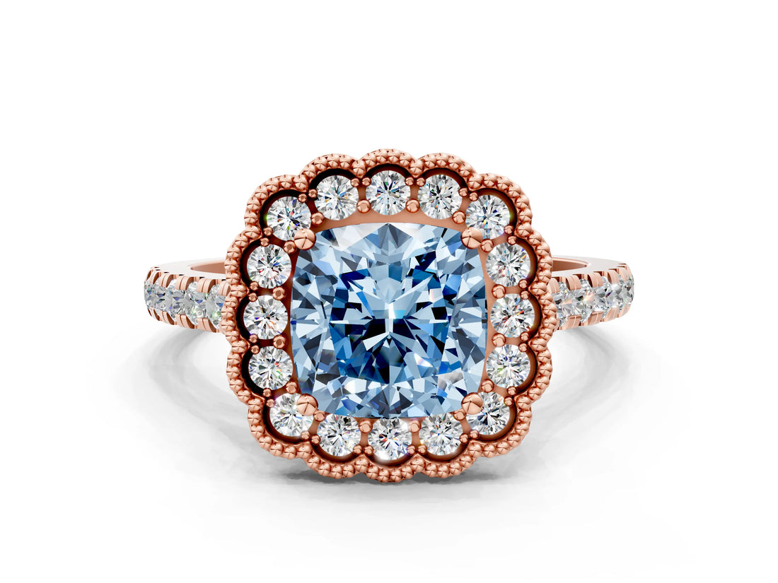Rose gold Fancy Blue Cushion  Cut Diamond Milgrain Floral Halo Engagement Ring with Pavé Band_39