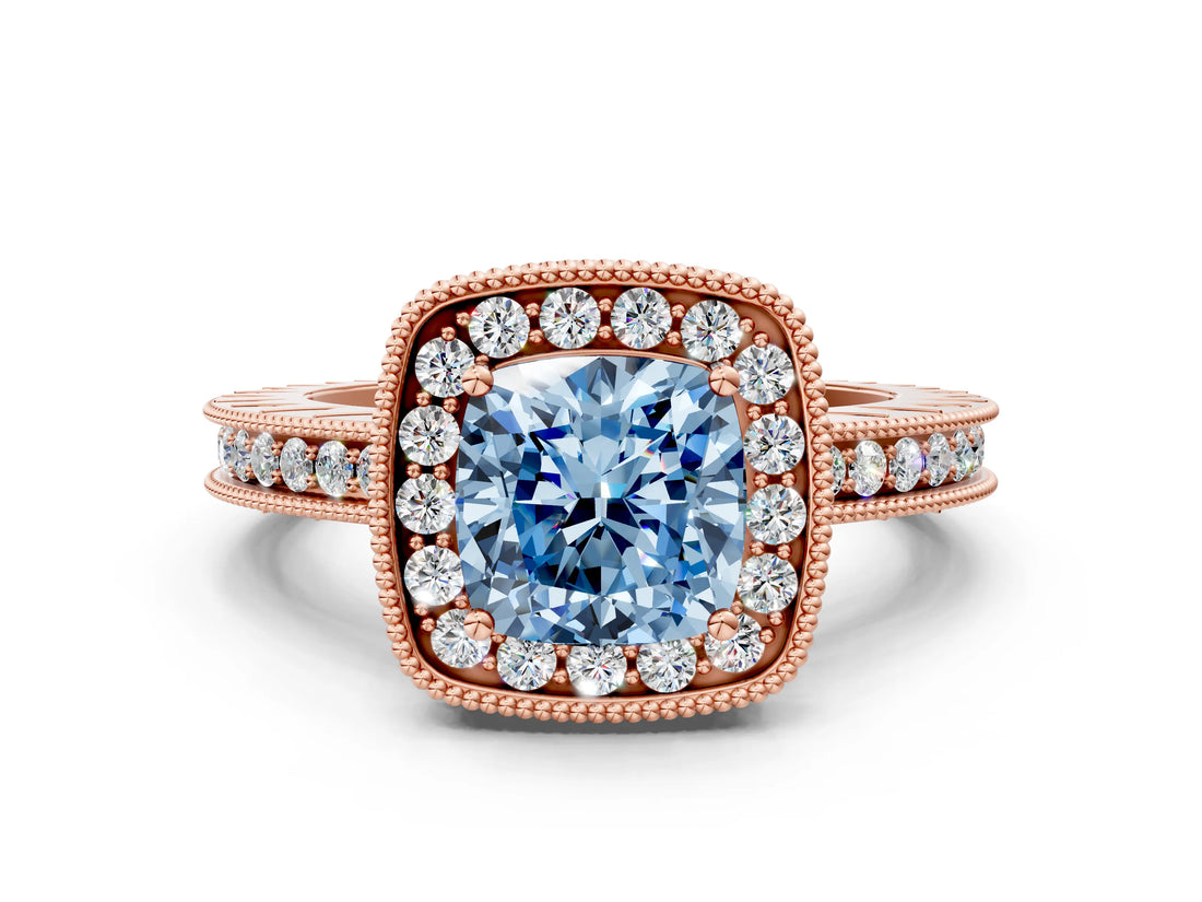 Rose gold Fancy Blue Cushion Cut Diamond Milgrain Halo Engagement Ring with Round Pavé Band and Prong Setting_12