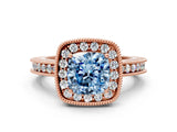 Rose gold Fancy Blue Cushion Cut Diamond Milgrain Halo Engagement Ring with Round Pavé Band and Prong Setting_12