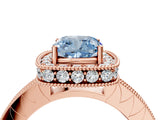 Rose gold Fancy Blue Cushion Cut Diamond Milgrain Halo Engagement Ring with Round Pavé Band and Prong Setting_16