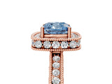 Rose gold Fancy Blue Cushion Cut Diamond Milgrain Halo Engagement Ring with Round Pavé Band and Prong Setting_17
