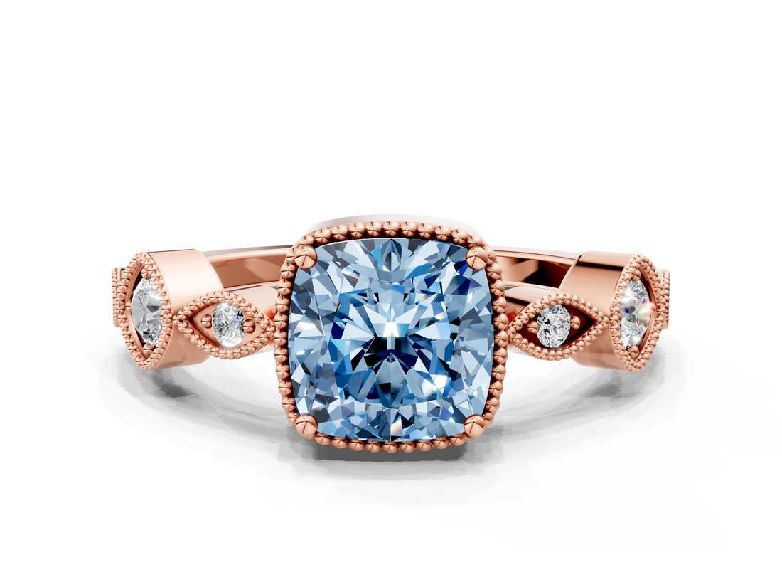 Rose gold Fancy Blue Cushion  Cut Diamond Milgrain Marquise Band with Prong Setting_3