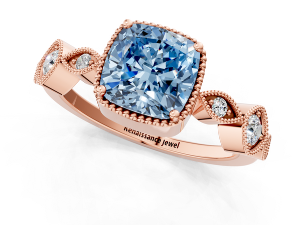 Rose gold Fancy Blue Cushion  Cut Diamond Milgrain Marquise Band with Prong Setting