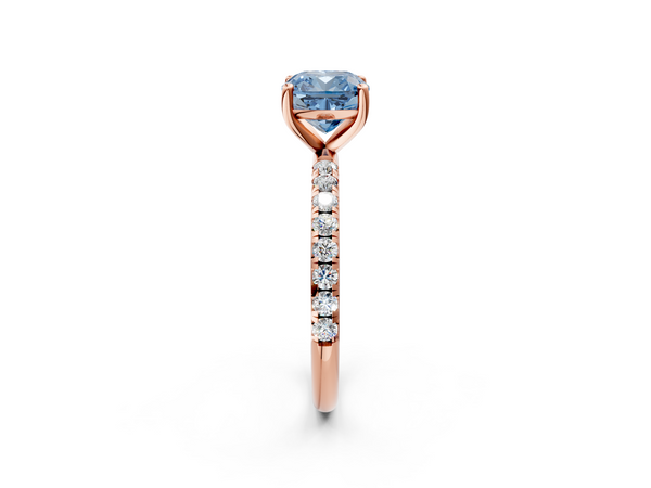 Rose gold Fancy Blue Cushion  Cut Diamond Solitaire Ring with Micro Pave Band and Four Prong Setting