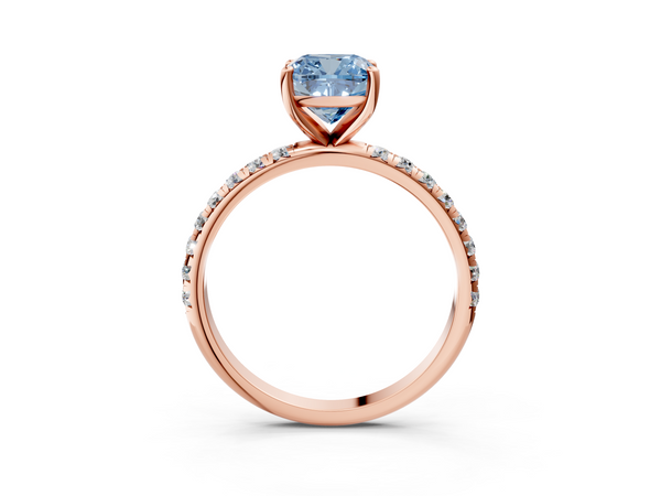 Rose gold Fancy Blue Cushion  Cut Diamond Solitaire Ring with Micro Pave Band and Four Prong Setting