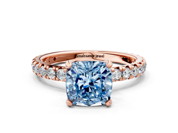 Rose gold Fancy Blue Cushion  Cut Diamond Pavé Band with Four-Prong Setting