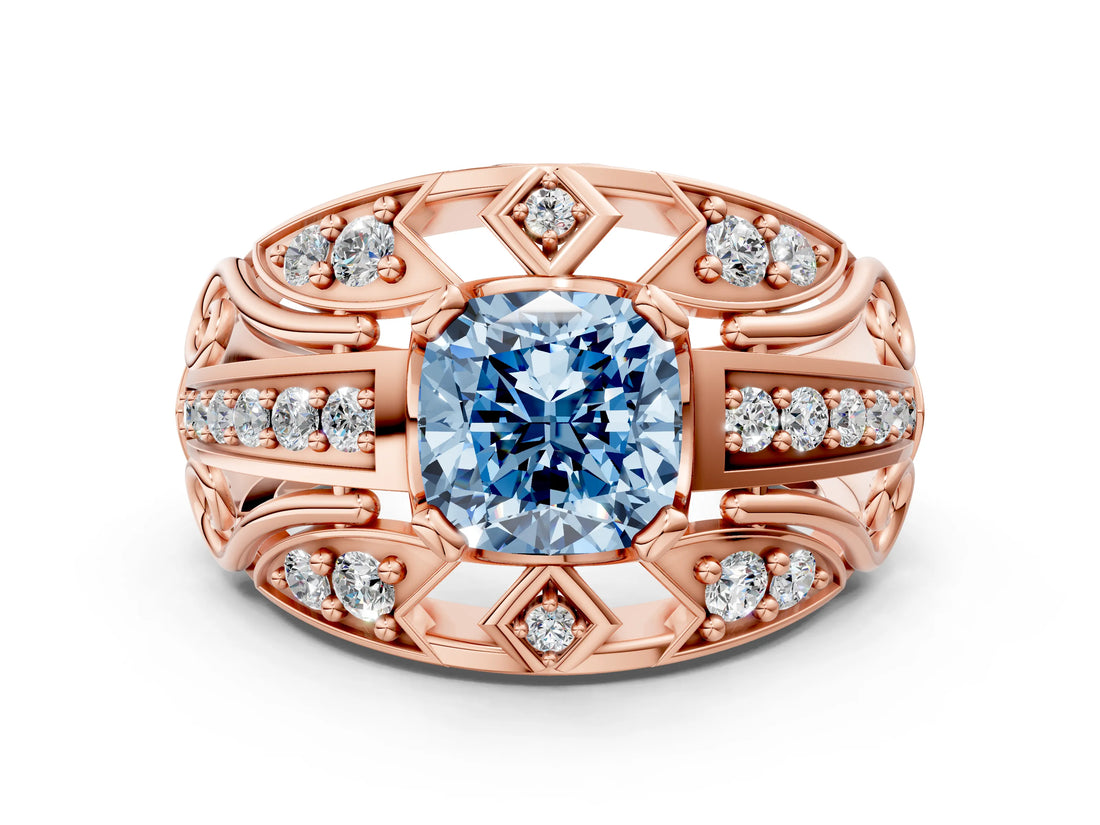 Rose gold Fancy Blue Cushion Cut Diamond Pave Art Deco Split Shank Ring with Four-Prong Setting