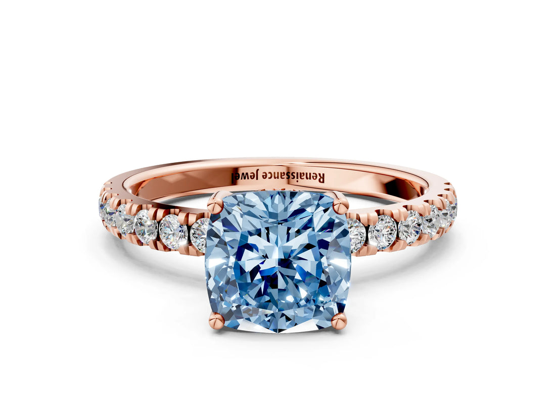 Rose gold Fancy Blue Cushion Cut Diamond Pave Band Solitaire Ring with Four-Prong Setting_58