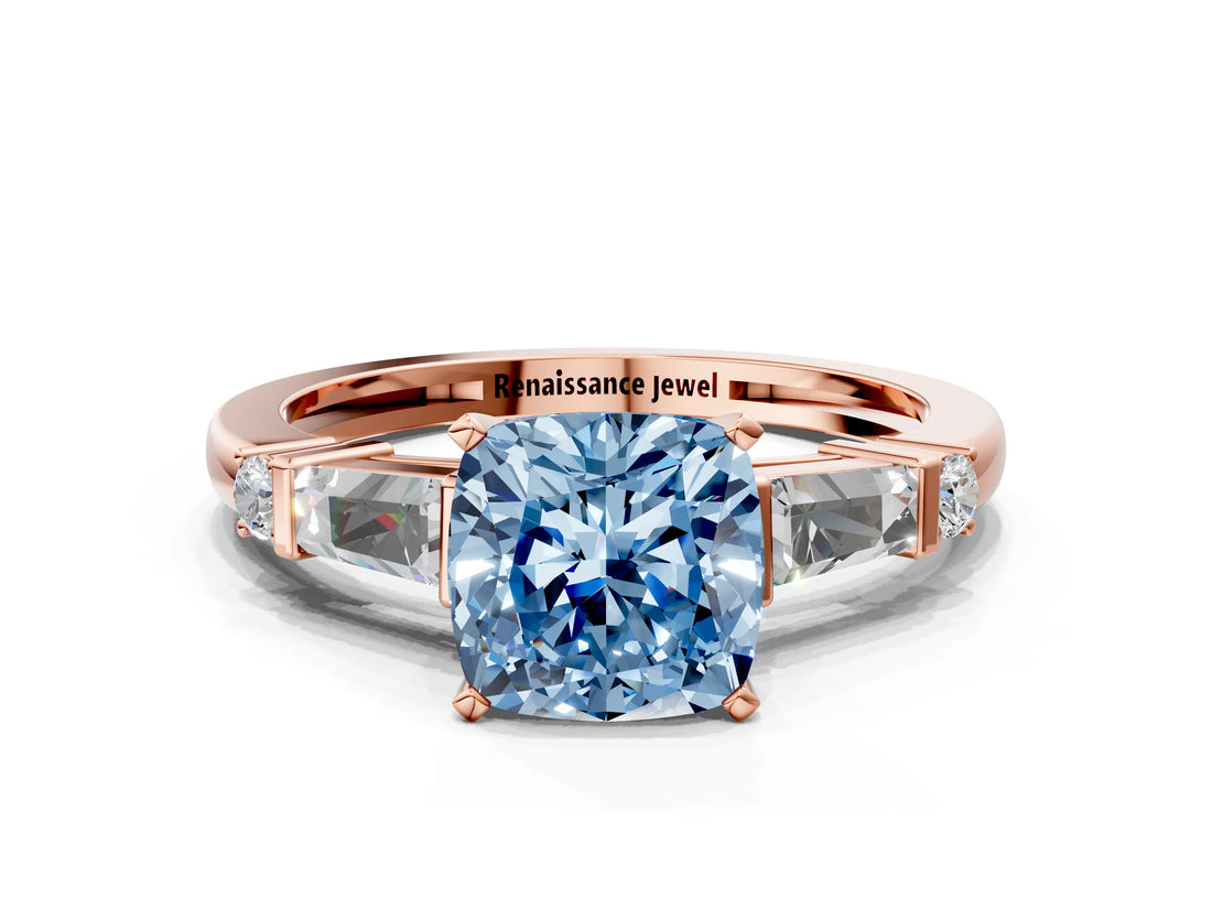 Rose gold Fancy Blue Cushion  Cut Diamond Ring with Baguette Side Stones, Channel Set Band, and Four-Prong Setting_24
