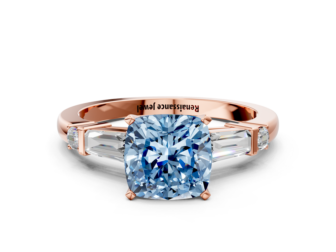 Rose gold Fancy Blue Cushion  Cut Diamond Ring with Baguette Side Stones, Channel Set Band, and Four-Prong Setting_3