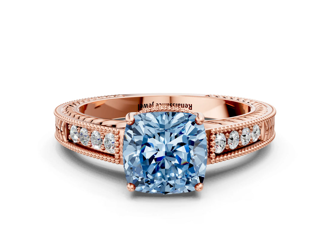 Rose gold Fancy Blue Cushion Cut Diamond Ring with Milgrain Pavé Band and Four-Prong Setting_25