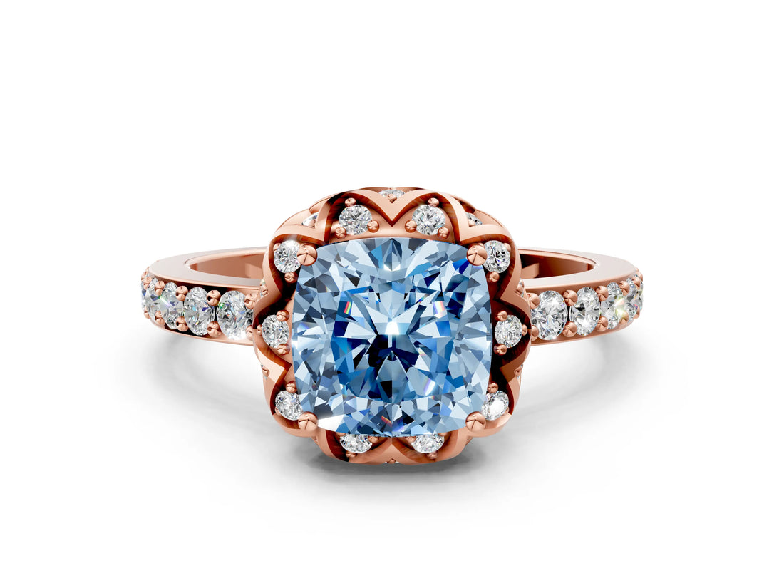 Rose gold Fancy Blue Cushion Cut Diamond Scalloped Halo Engagement Ring with Round Shared Prong Band_12