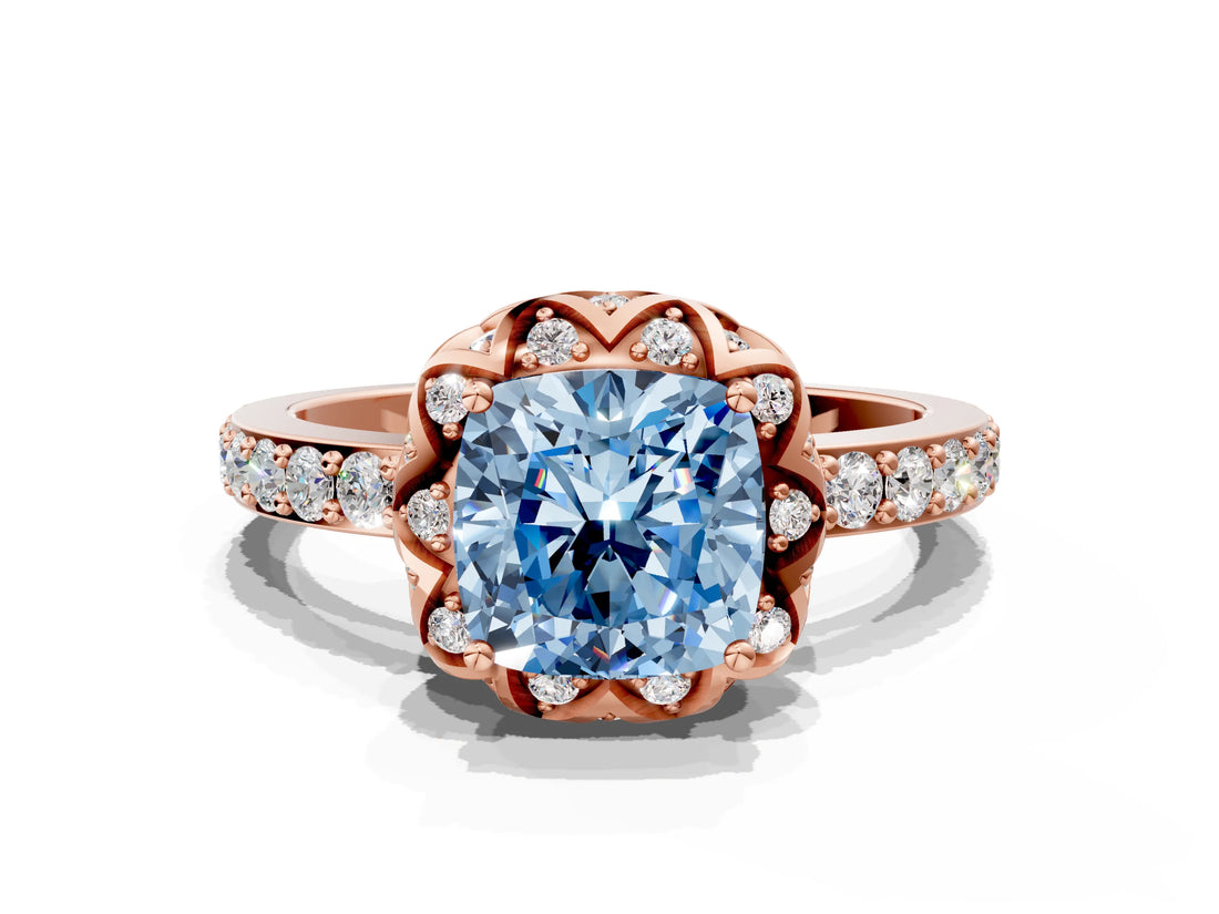 Rose gold Fancy Blue Cushion Cut Diamond Scalloped Halo Engagement Ring with Round Shared Prong Band_24