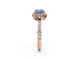 Rose gold Fancy Blue Cushion Cut Diamond Scalloped Halo Engagement Ring with Round Shared Prong Band_26