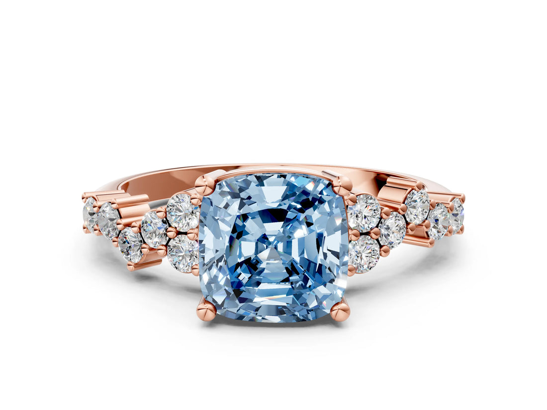 Rose gold Fancy Blue Cushion Cut Diamond Scattered Round Accent Ring with Prong Setting_12