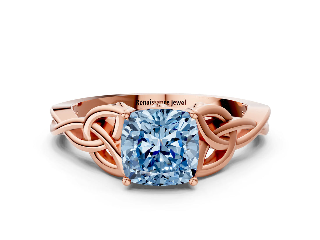 Rose gold Fancy Blue Cushion Cut Diamond Solitaire Celtic Knot Ring with Four-Prong Setting_58