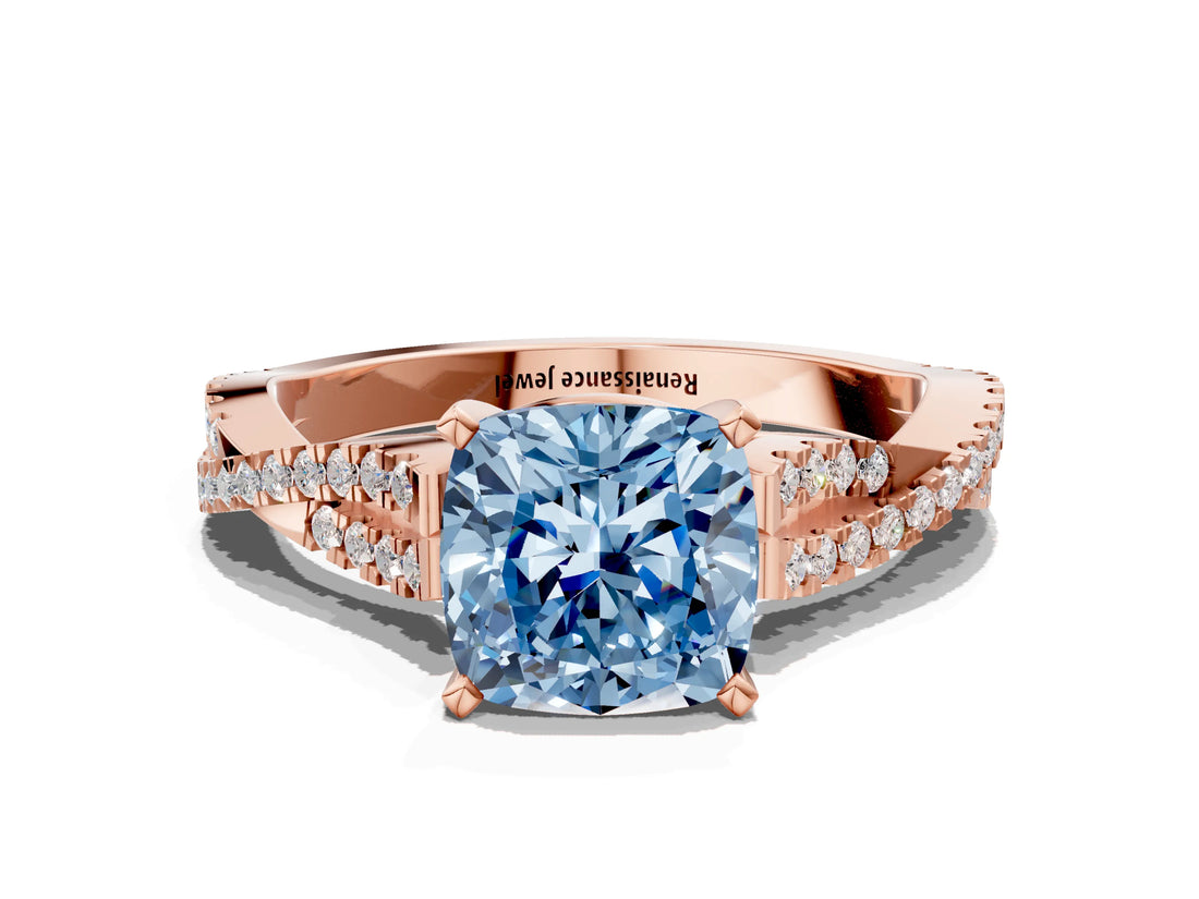 Rose gold Fancy Blue Cushion Cut Diamond Solitaire Engagement Ring with Twisted Pavé Band and Four-Prong Setting_44