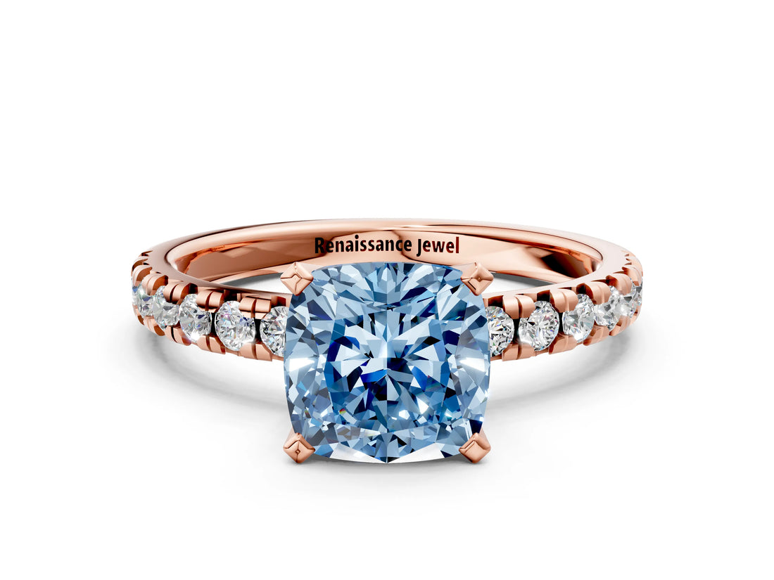 Rose gold Fancy Blue Cushion Cut Diamond Solitaire Pavé Engagement Ring with Round Band and Prong Setting_74