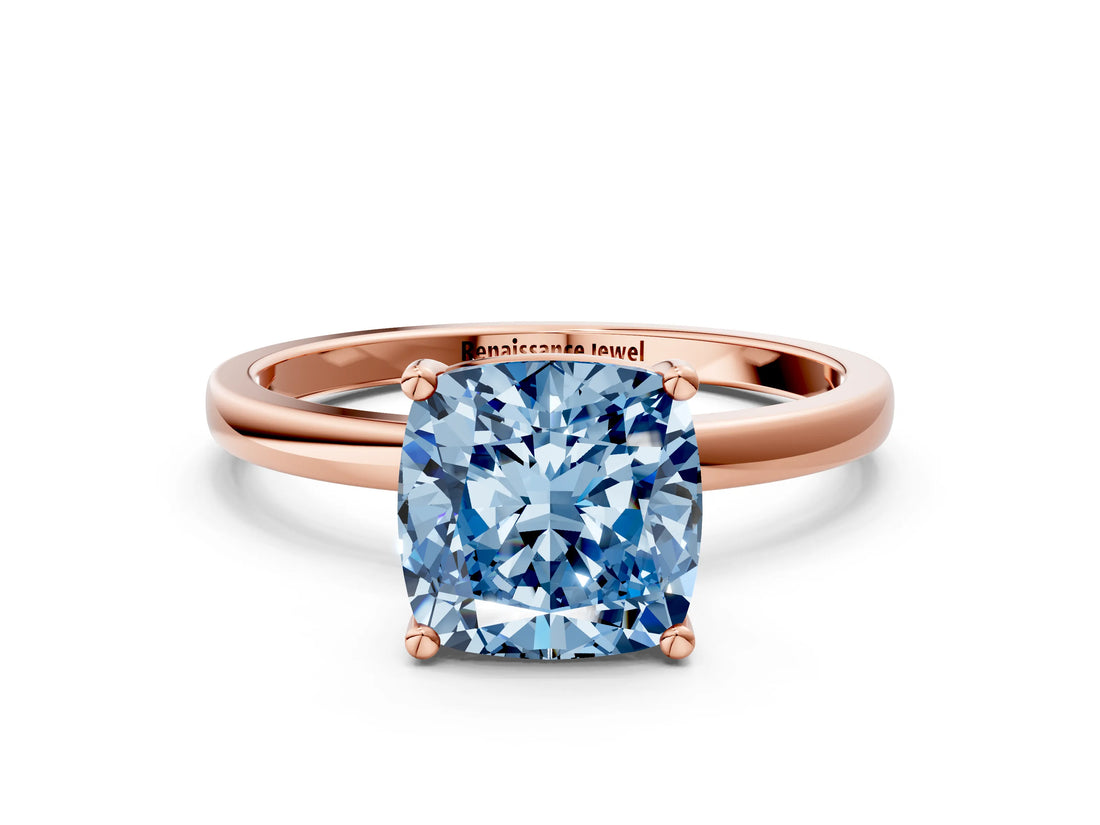 Rose gold Fancy Blue Cushion Cut Diamond Solitaire Ring with Classic Band and Four-Prong Setting