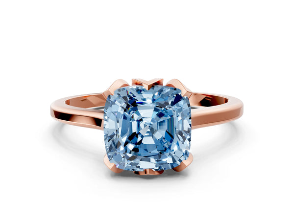 Rose gold Fancy Blue Cushion Cut Diamond Solitaire Ring with Flower Prong Setting and Classic Band