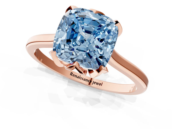 Rose gold Fancy Blue Cushion Cut Diamond Solitaire Ring with Flower Prong Setting and Classic Band