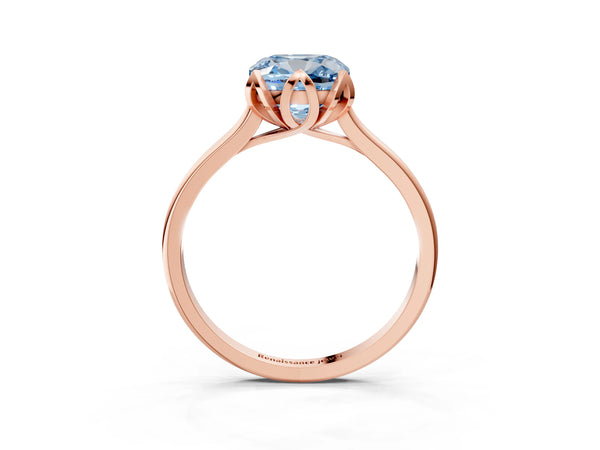 Rose gold Fancy Blue Cushion Cut Diamond Solitaire Ring with Flower Prong Setting and Classic Band