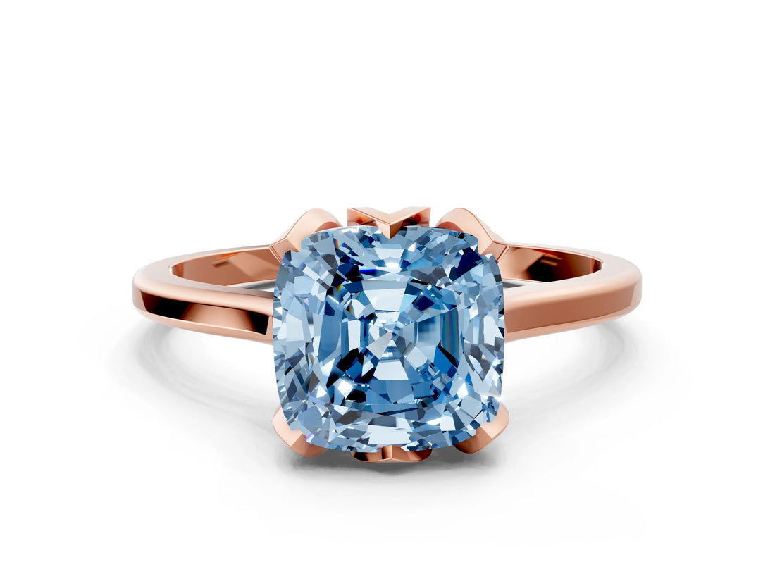 Rose gold Fancy Blue Cushion Cut Diamond Solitaire Ring with Flower Prong Setting and Classic Band_50
